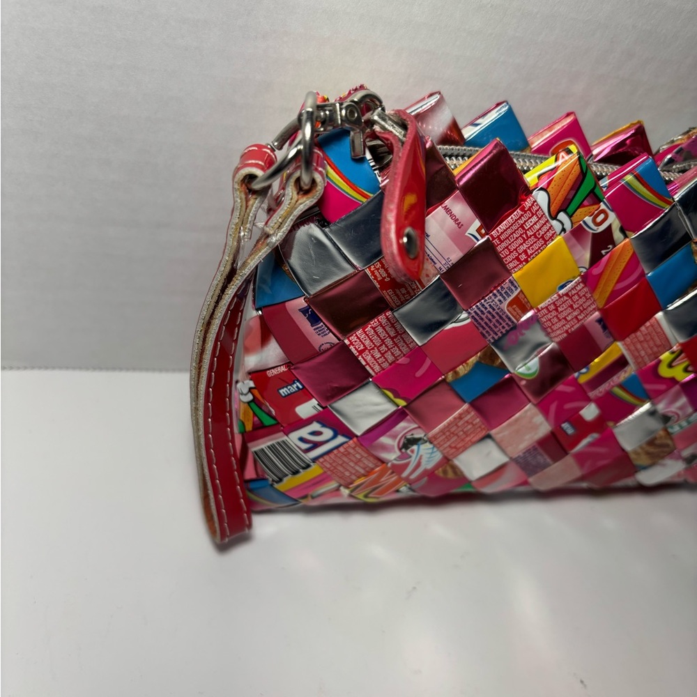 Nahui Ollin Bag Wristlet Recycled Candy Gum Wrapper Woven Multicolored Purse 7” - Picture 8 of 12